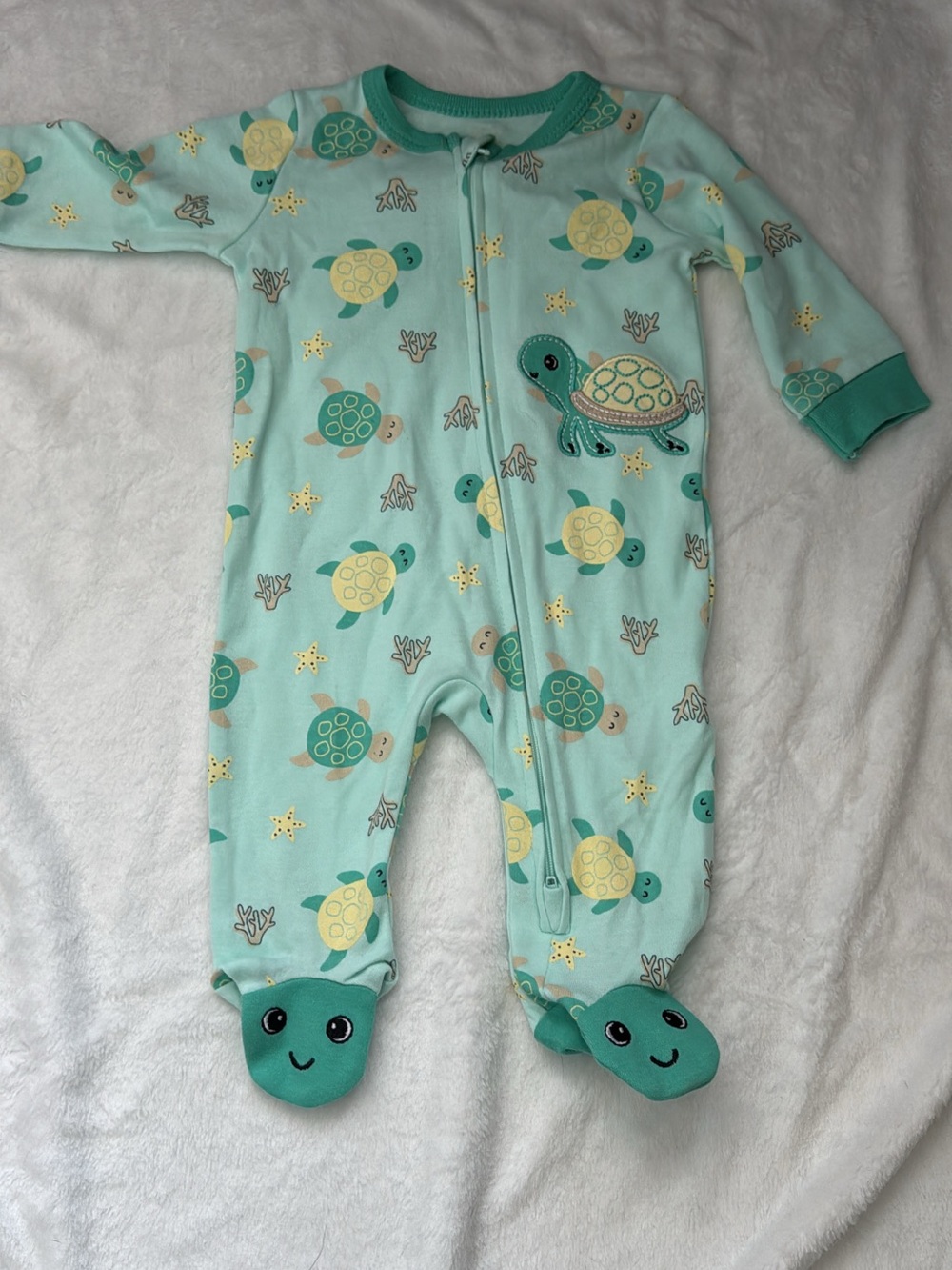 Turtle Print Footed One-Piece Pajamas - Mint